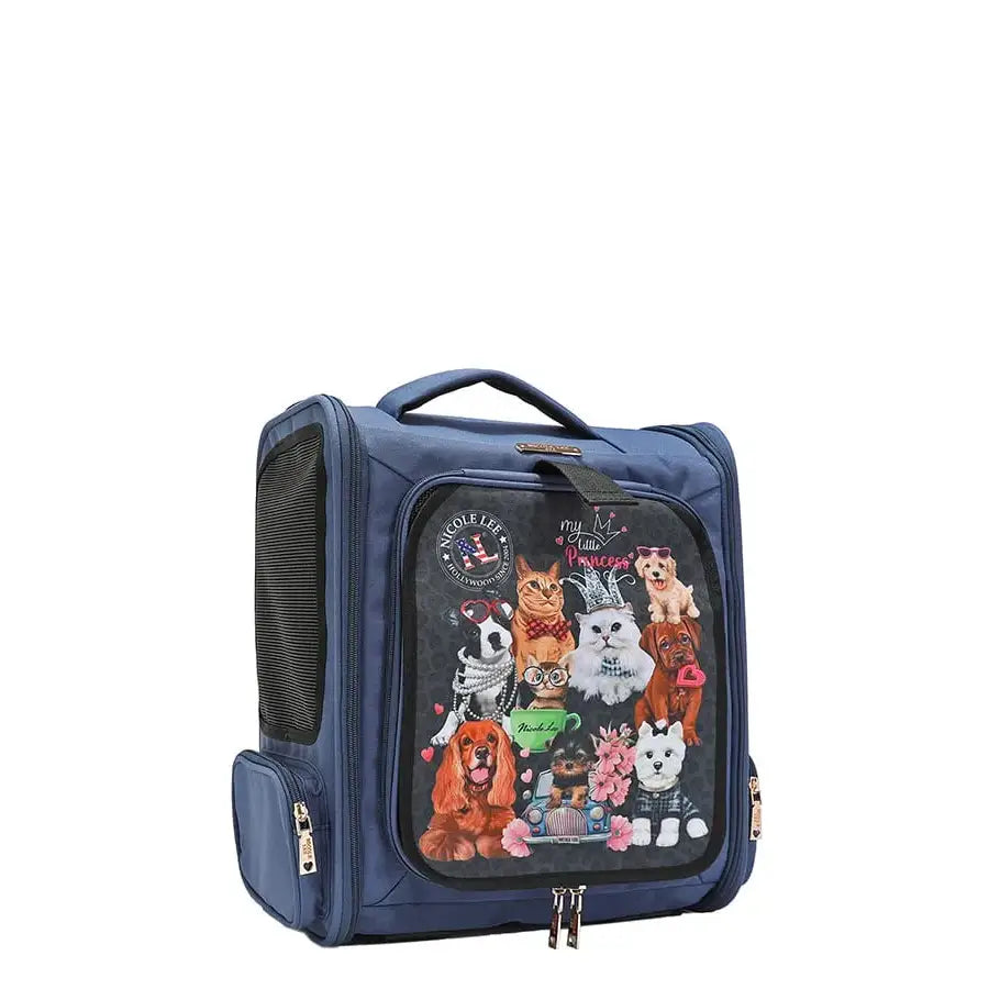 Expandable Roxy Roo Voyager pet carrier with mesh panels sherpa interior and Nicole Lee exclusive print. Fits pets up