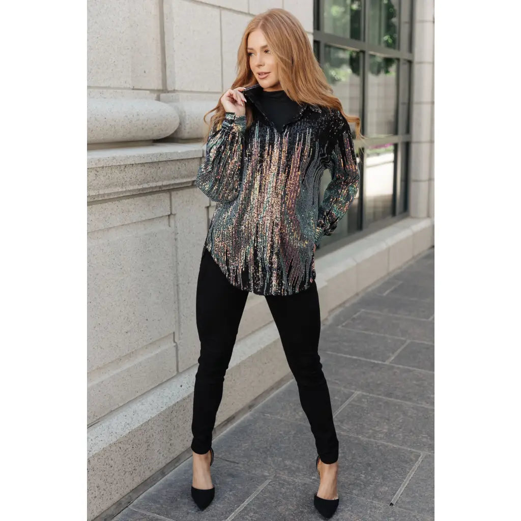 Be glamorous in this Too Glitz to Glam Button Up Shirt. Featuring a sheer sequin mesh two tone sequins collared