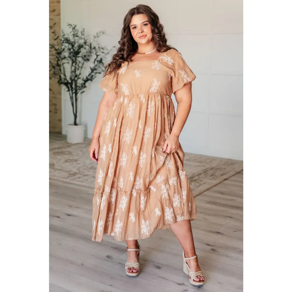 Introducing our Trusting My Intuition Balloon Sleeve Midi Length Dress in Camel. Made from crinkle woven fabric