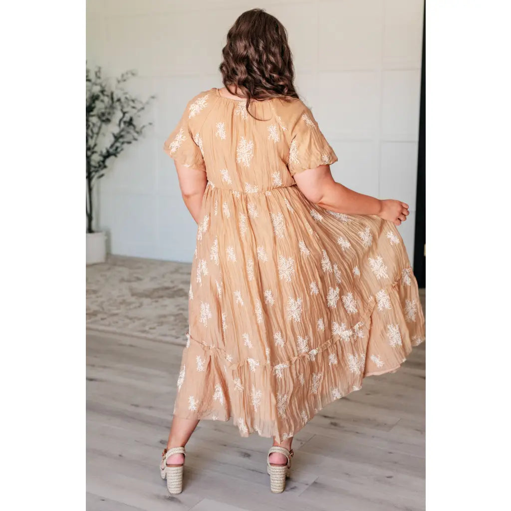 Introducing our Trusting My Intuition Balloon Sleeve Midi Length Dress in Camel. Made from crinkle woven fabric