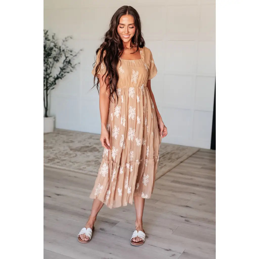 Introducing our Trusting My Intuition Balloon Sleeve Midi Length Dress in Camel. Made from crinkle woven fabric