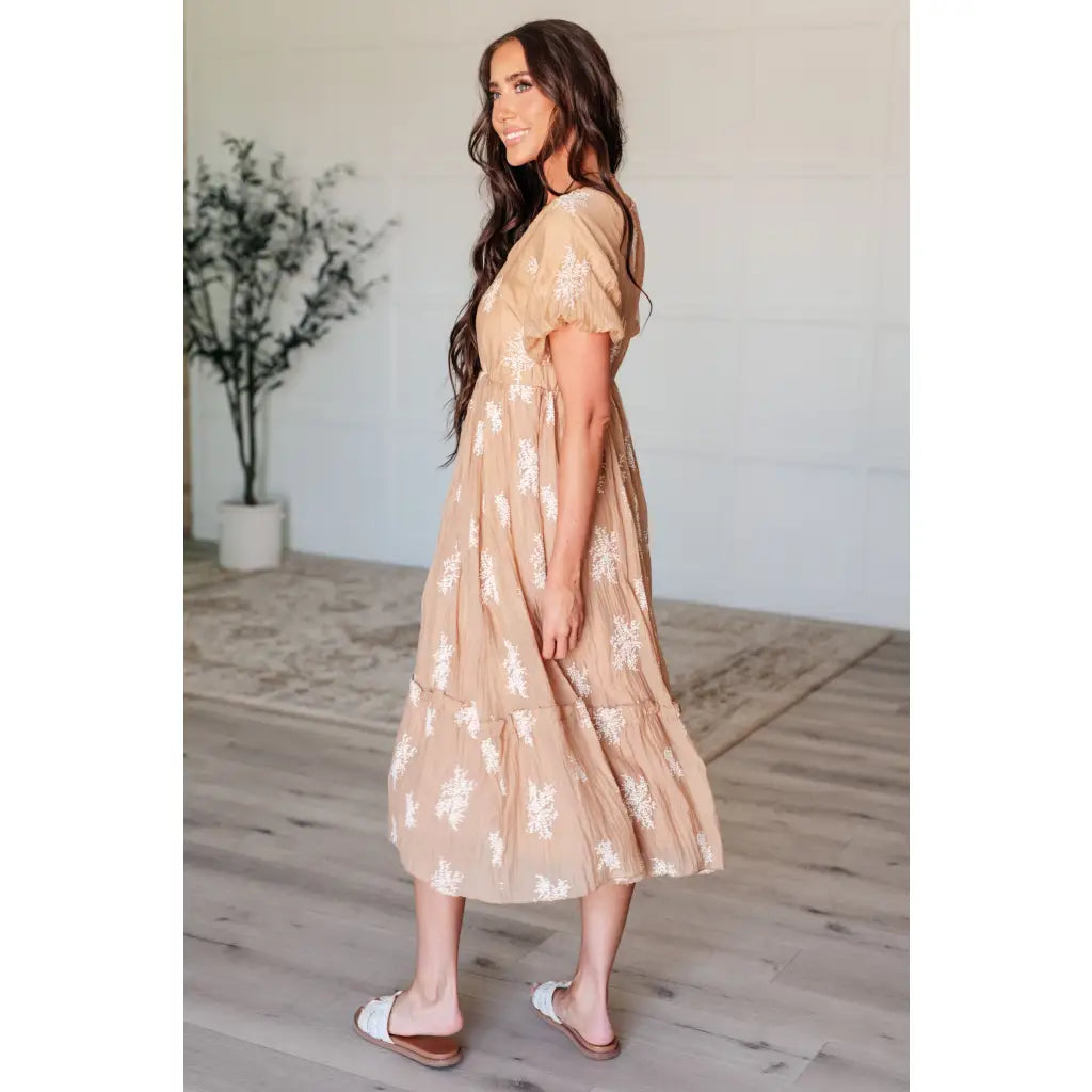 Introducing our Trusting My Intuition Balloon Sleeve Midi Length Dress in Camel. Made from crinkle woven fabric
