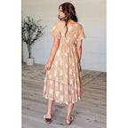 Introducing our Trusting My Intuition Balloon Sleeve Midi Length Dress in Camel. Made from crinkle woven fabric