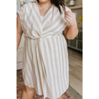 Look stunning in the Twisted and Tailored Vertical Striped Dress! Featuring a knotted front deep v-neck faux wrap. Plus