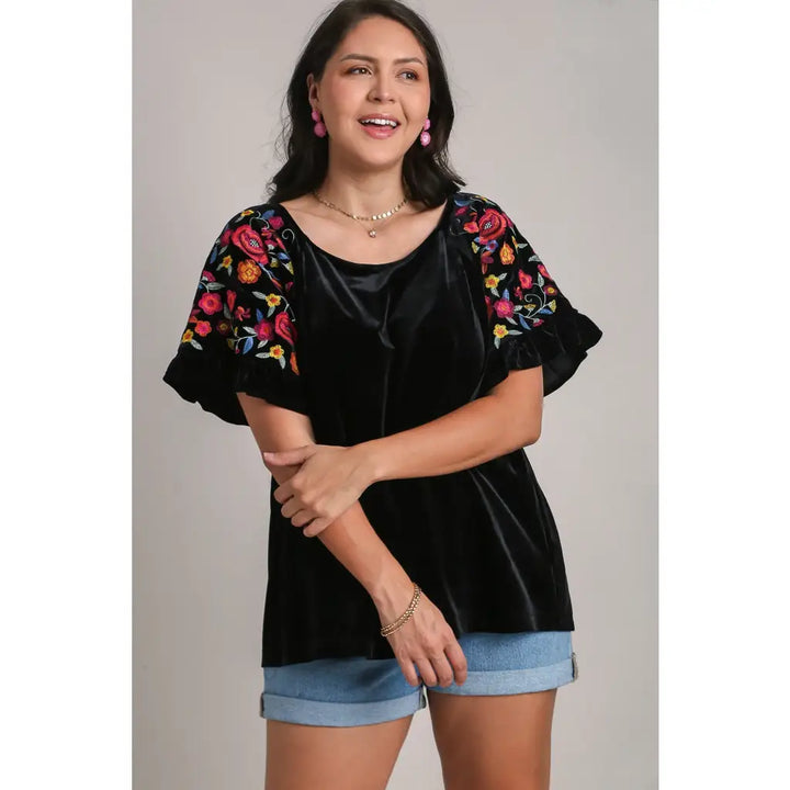 Velvet Embroidery Sleeve Blouse in Black - 1XL