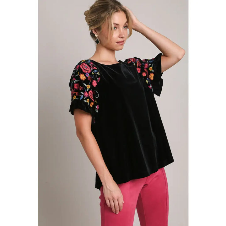 Velvet Embroidery Sleeve Blouse in Black - S