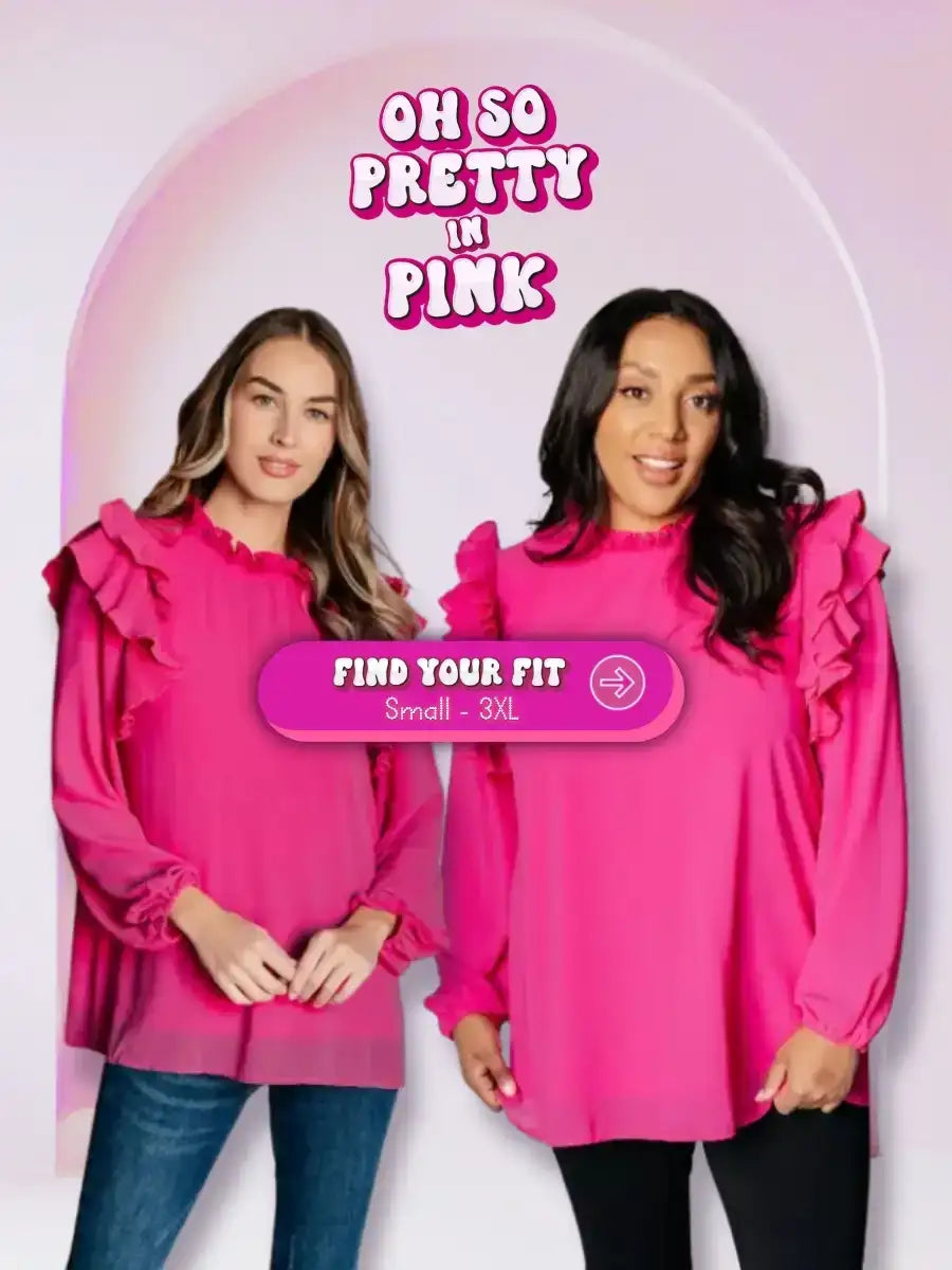 Two women wearing bright pink ruffled blouses, shown side by side to highlight fit across sizes, with a ‘Find Your Fit’ button and size range Small–3XL at SweetRooBou.com