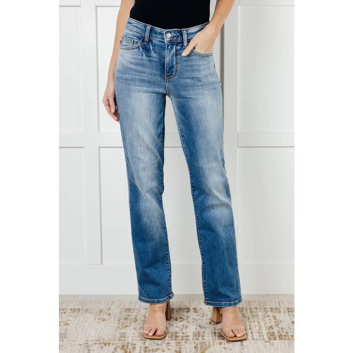 Vintage Wash Thermal Straight Judy Blue Jeans - Denim