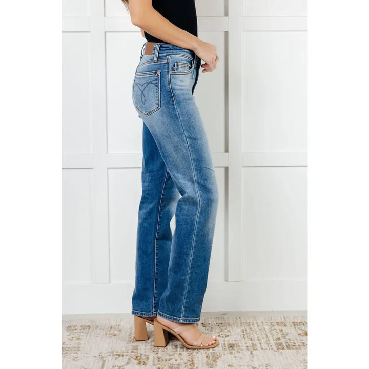 Vintage Wash Thermal Straight Judy Blue Jeans - Denim