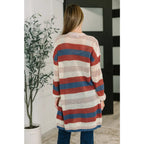 Multicolor striped longline knit cardigan with drop sleeves and open front. Lightweight boutique layering in plus sizes.