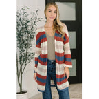 Multicolor striped longline knit cardigan with drop sleeves and open front. Lightweight boutique layering in plus sizes.