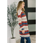 Multicolor striped longline knit cardigan with drop sleeves and open front. Lightweight boutique layering in plus sizes.