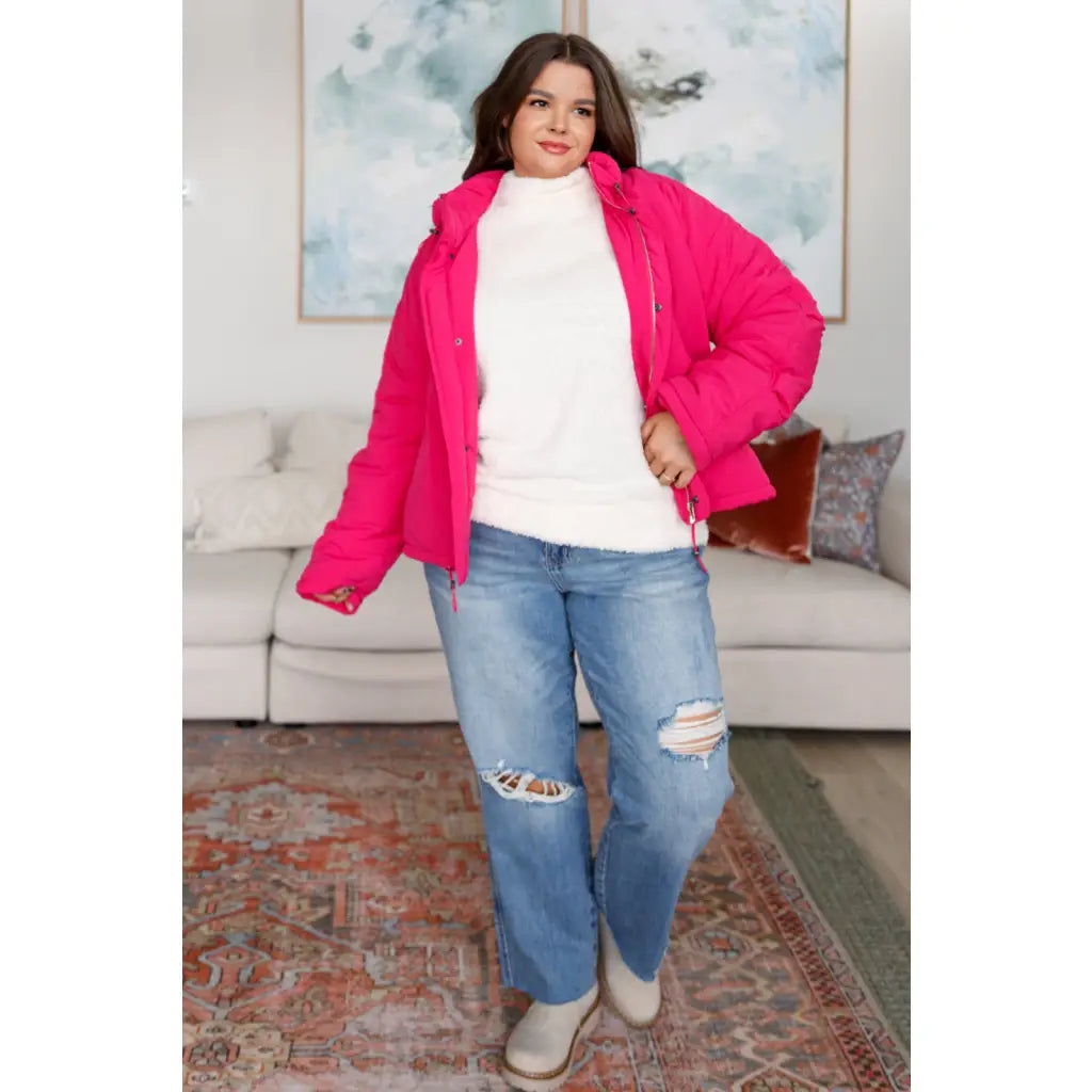 Our Warm Regards Hot Pink Puffer Jacket is crafted from a quilted fabric and features zip snap front closure two