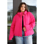 Our Warm Regards Hot Pink Puffer Jacket is crafted from a quilted fabric and features zip snap front closure two