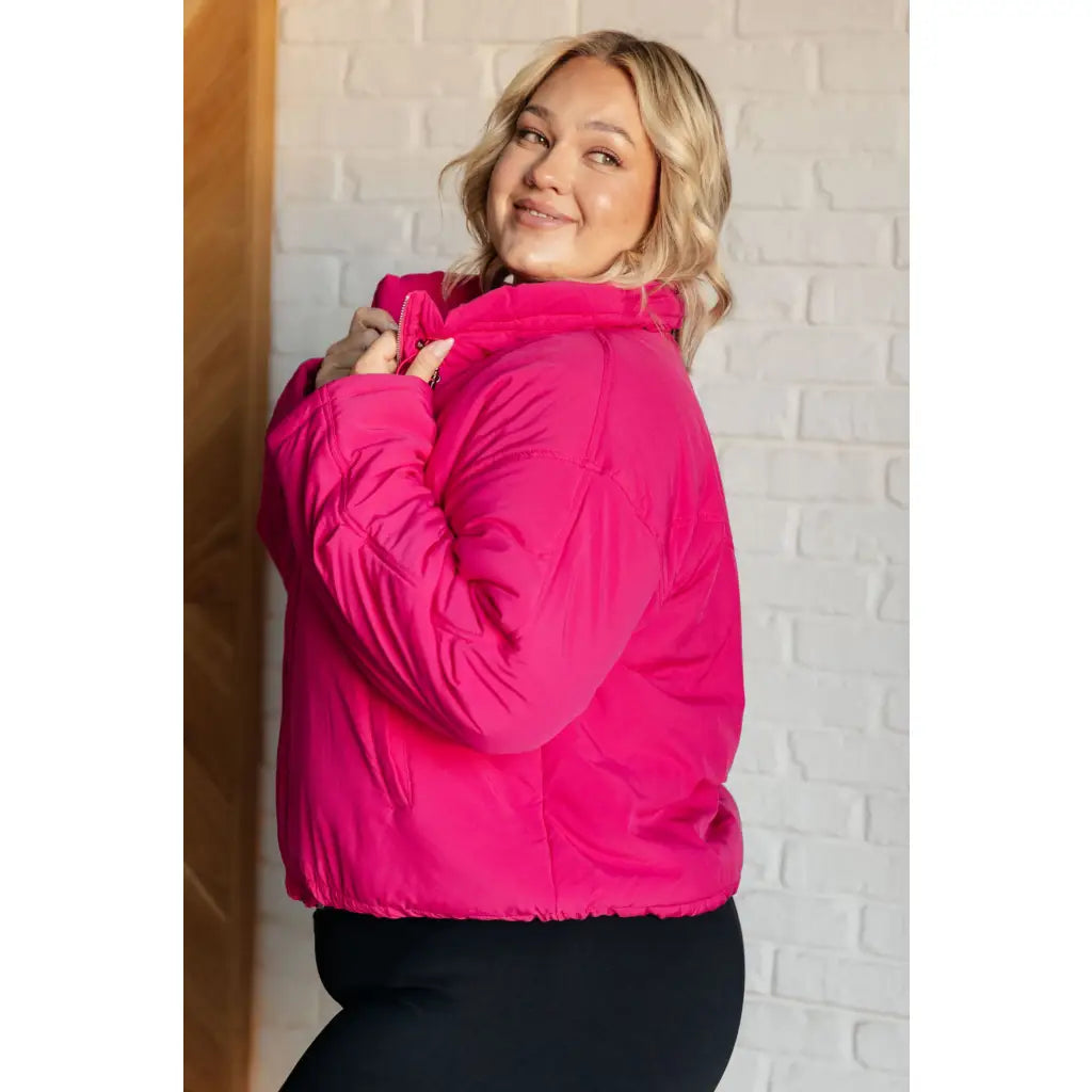 Our Warm Regards Hot Pink Puffer Jacket is crafted from a quilted fabric and features zip snap front closure two
