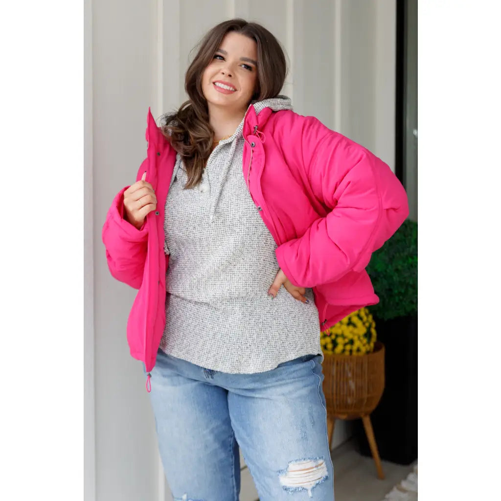 Our Warm Regards Hot Pink Puffer Jacket is crafted from a quilted fabric and features zip snap front closure two