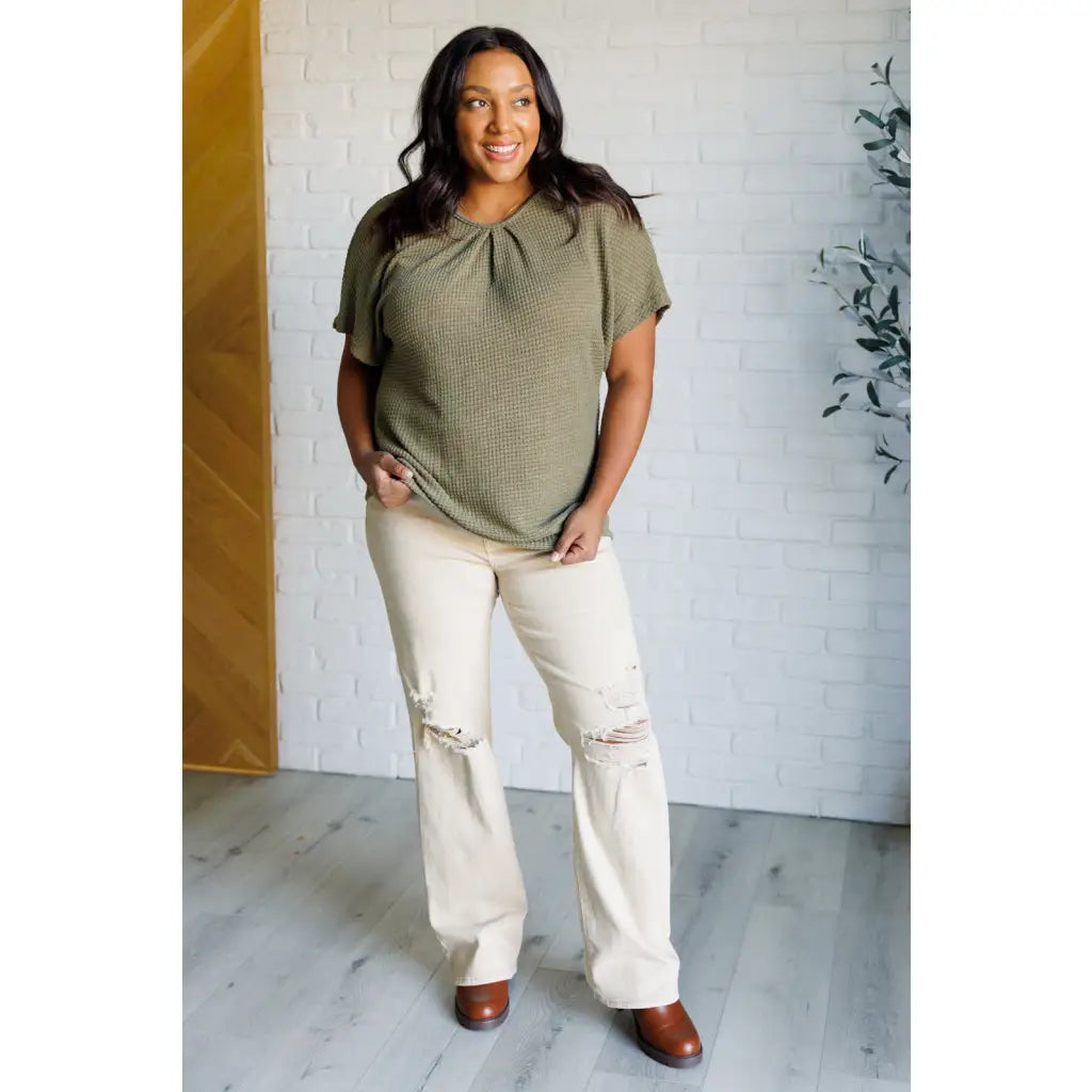 Soft olive waffle knit top with lace back and dolman sleeves. S to 3XL plus sizes. Ships fast in 2–3 days. Feminine