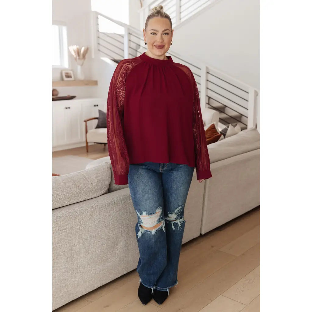 Flowy and oversized wine lace blouse with mock neck sleeves. Plus size friendly perfect for layering brunch looks