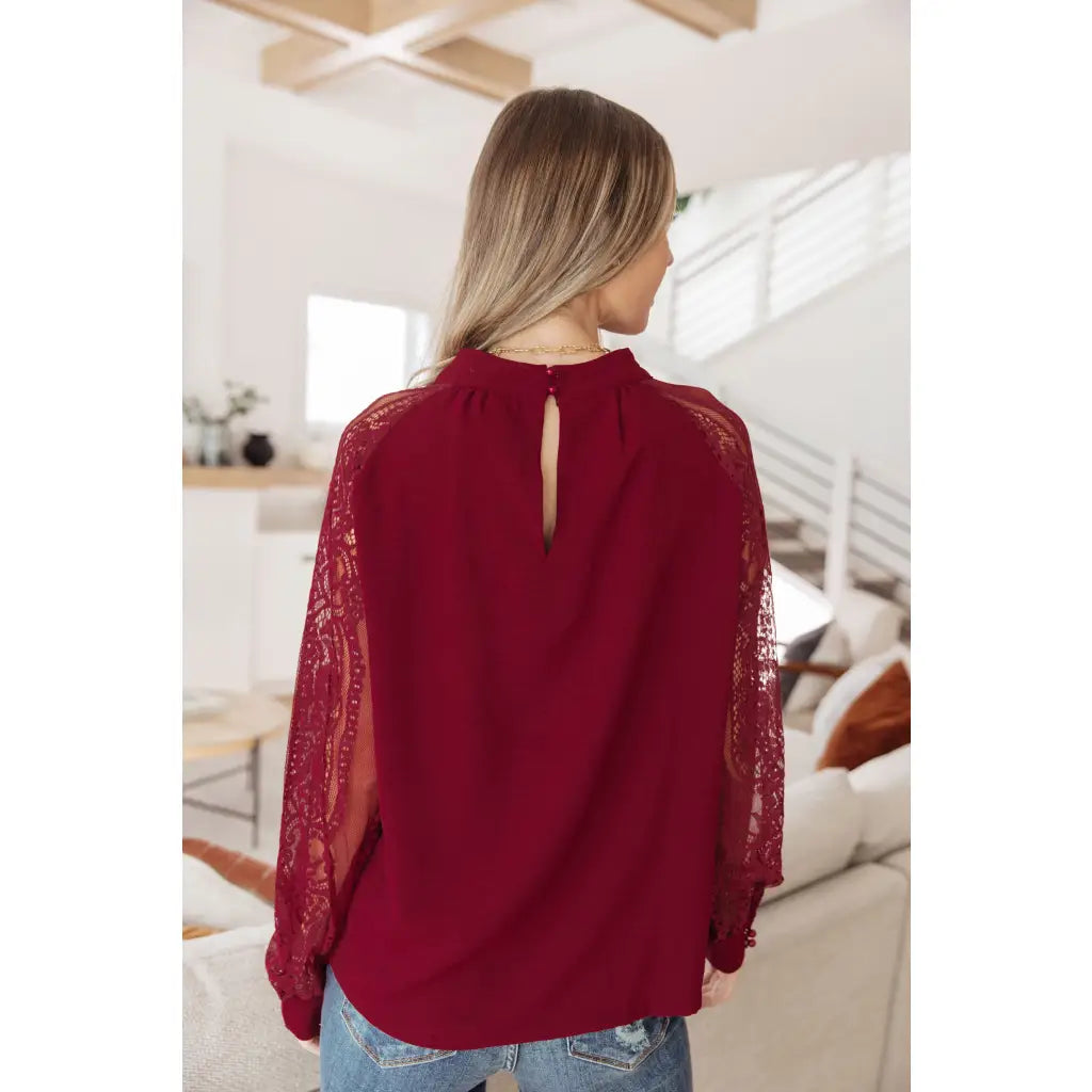 Flowy and oversized wine lace blouse with mock neck sleeves. Plus size friendly perfect for layering brunch looks