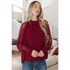 Flowy and oversized wine lace blouse with mock neck sleeves. Plus size friendly perfect for layering brunch looks