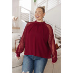 Flowy and oversized wine lace blouse with mock neck sleeves. Plus size friendly perfect for layering brunch looks