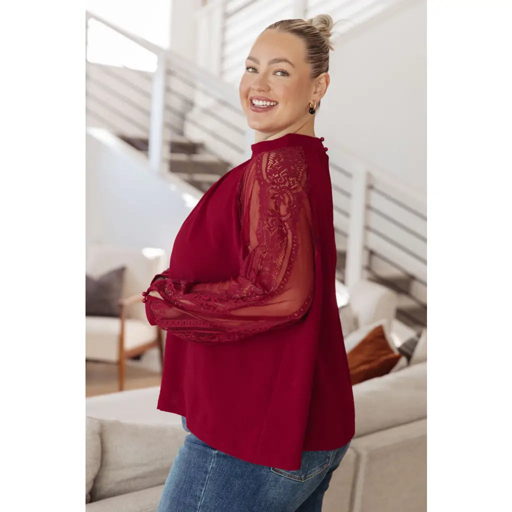 Flowy and oversized wine lace blouse with mock neck sleeves. Plus size friendly perfect for layering brunch looks