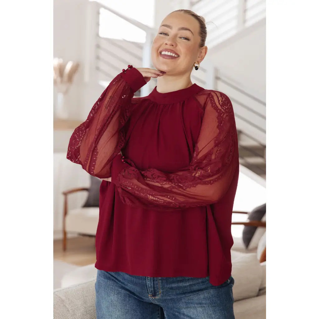 Flowy and oversized wine lace blouse with mock neck sleeves. Plus size friendly perfect for layering brunch looks