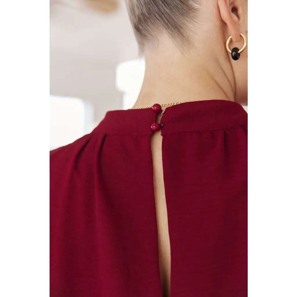 Flowy and oversized wine lace blouse with mock neck sleeves. Plus size friendly perfect for layering brunch looks