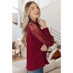 Flowy and oversized wine lace blouse with mock neck sleeves. Plus size friendly perfect for layering brunch looks