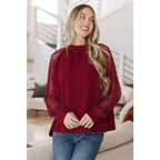 Flowy and oversized wine lace blouse with mock neck sleeves. Plus size friendly perfect for layering brunch looks