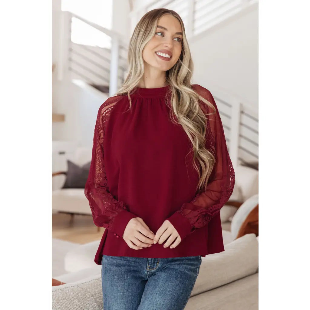 Flowy and oversized wine lace blouse with mock neck sleeves. Plus size friendly perfect for layering brunch looks