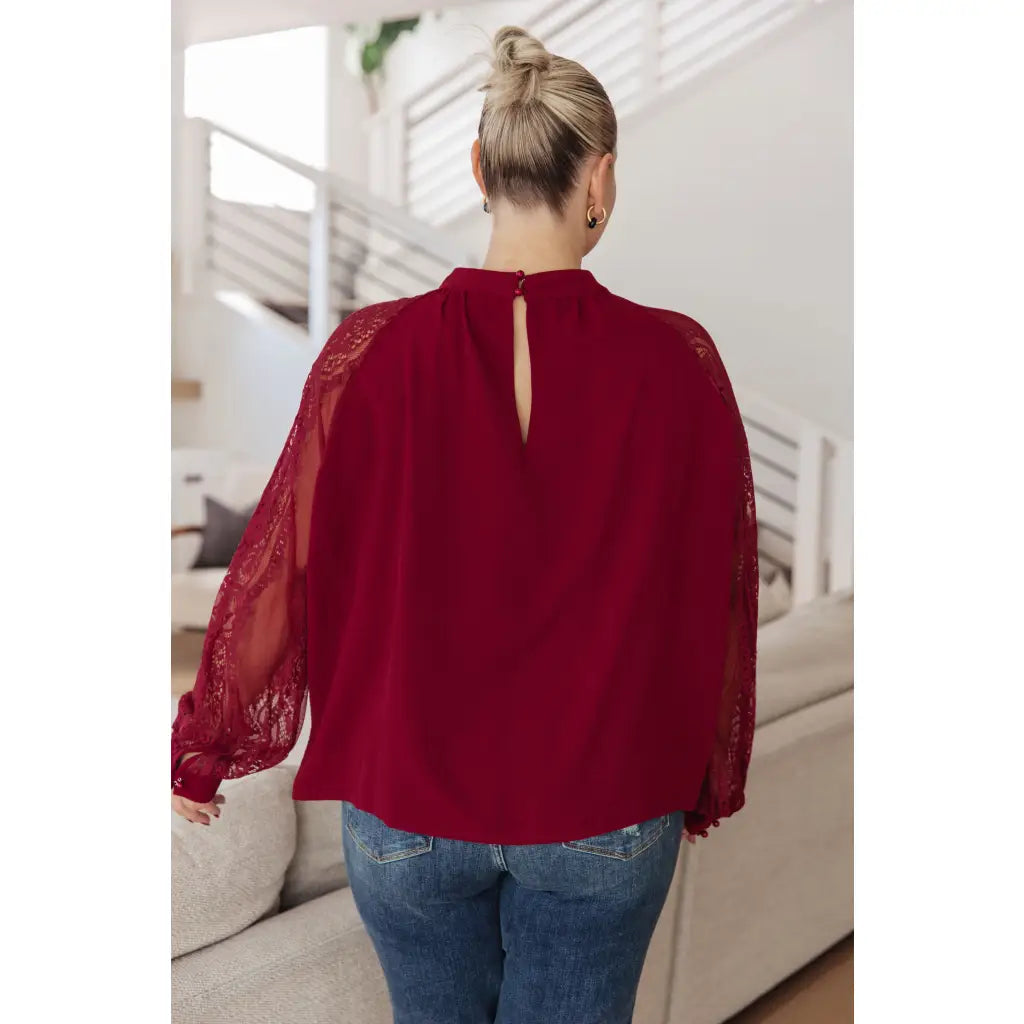Flowy and oversized wine lace blouse with mock neck sleeves. Plus size friendly perfect for layering brunch looks