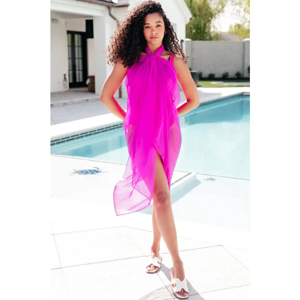Make a bold statement in this fuchsia swim cover-up. Lightweight chiffon plus size friendly and perfect for versatile