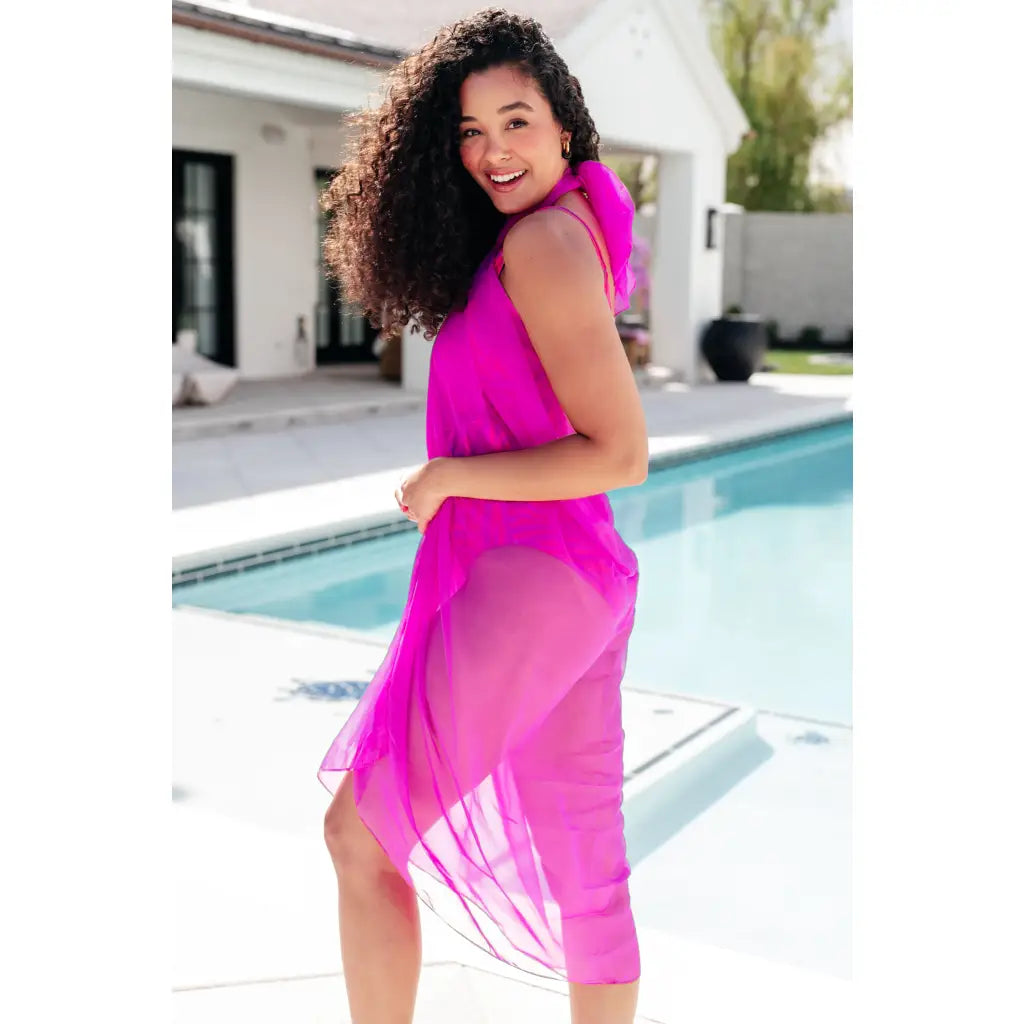 Make a bold statement in this fuchsia swim cover-up. Lightweight chiffon plus size friendly and perfect for versatile
