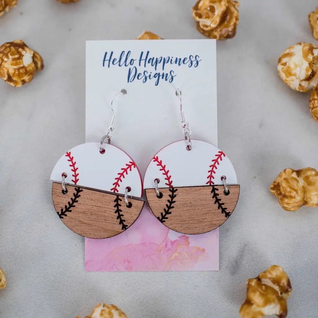 Acrylic & wood baseball circle duo dangle earrings. 1.5 inch length. Great for sensitive ears! Material: Specialty