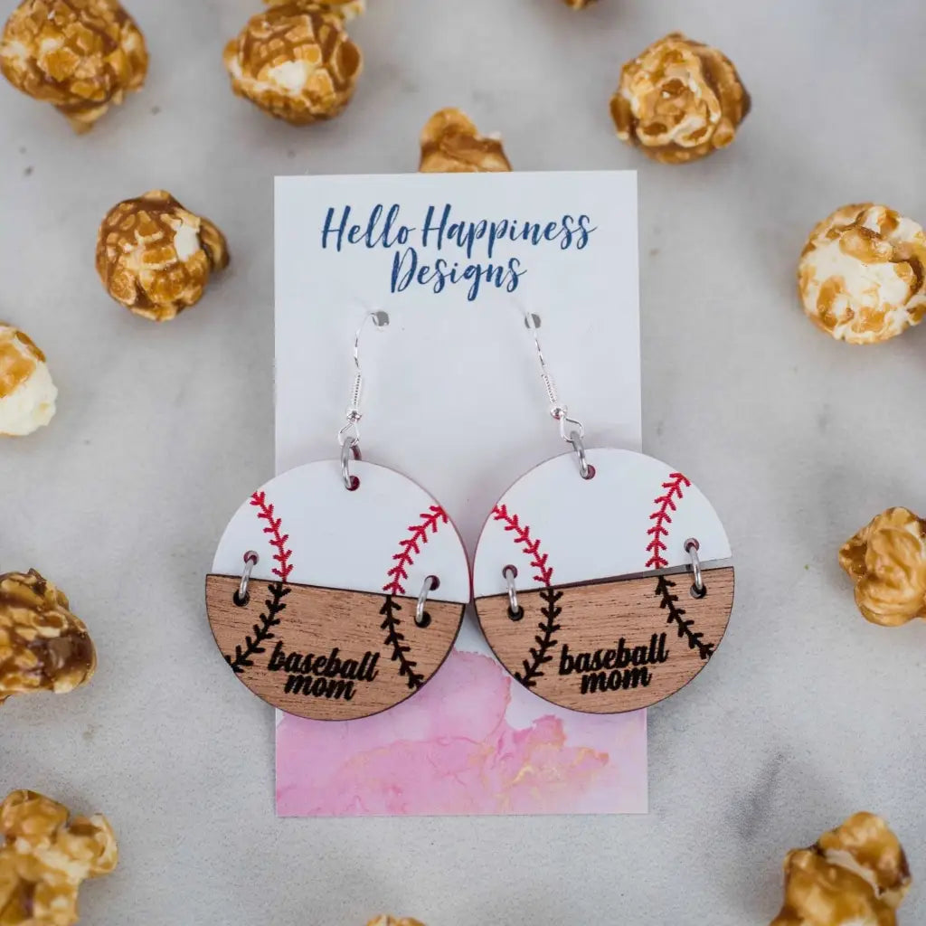 Acrylic & wood baseball mom circle duo dangle earrings. 1.5 inch length. Great for sensitive ears! Material: Specialty