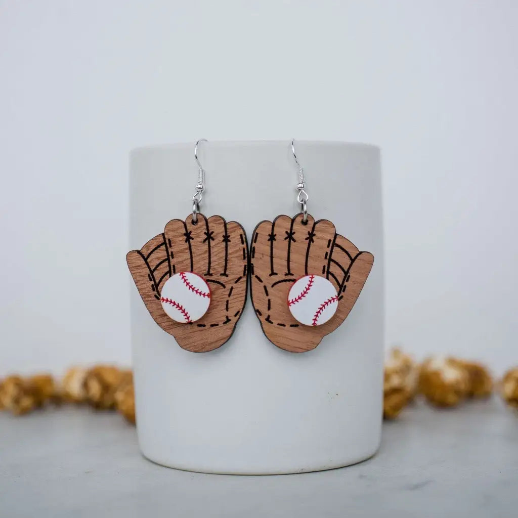 Baseball and glove acrylic wood dangle earrings. 1.5 inch length. Great for sensitive ears! Material: Specialty Acrylic