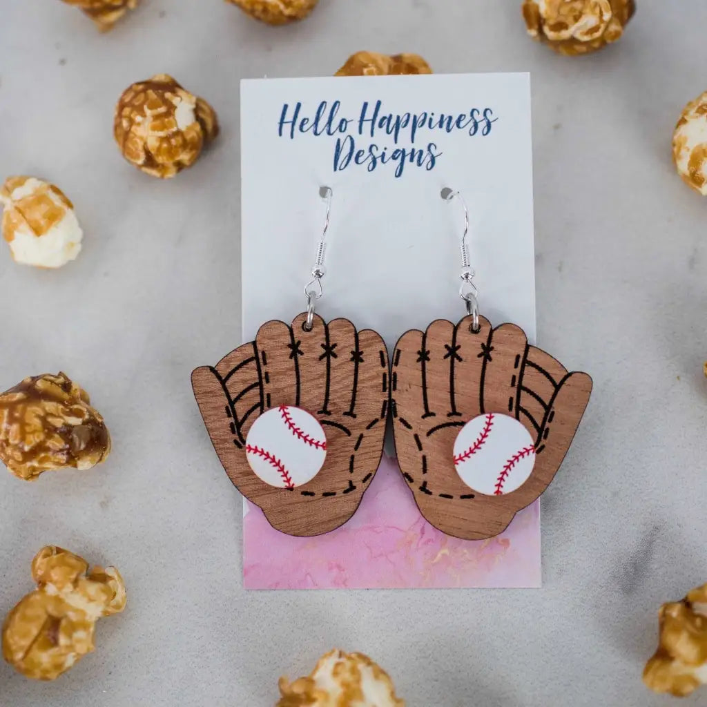 Baseball and glove acrylic wood dangle earrings. 1.5 inch length. Great for sensitive ears! Material: Specialty Acrylic