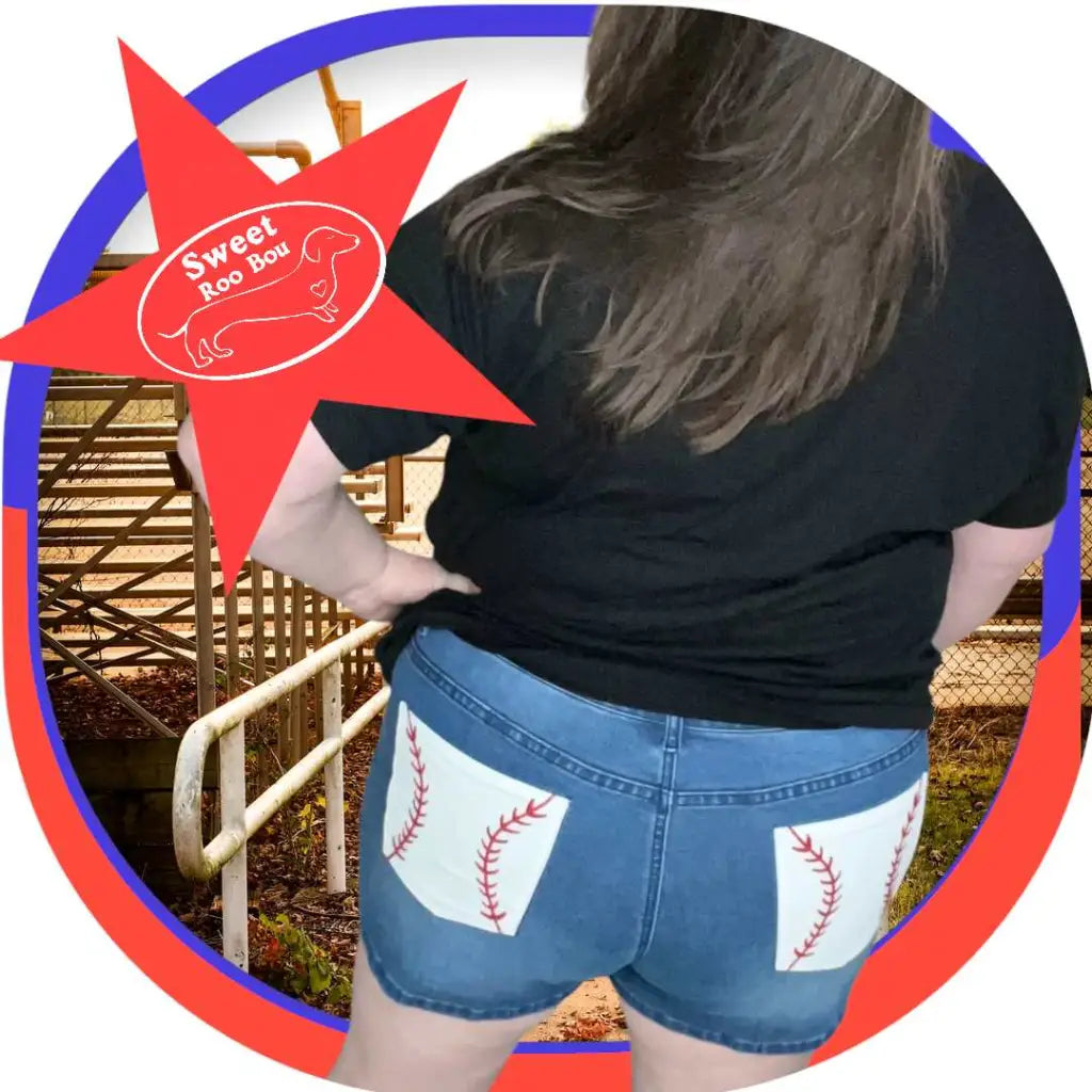 These baseball pocket jean shorts are the PERFECT mid-rise midi-length for mom of a little leaguer and to wear big
