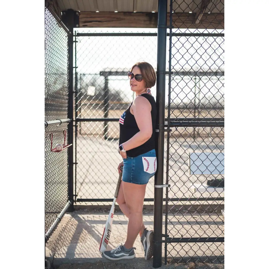 These baseball pocket jean shorts are the PERFECT mid-rise midi-length for mom of a little leaguer and to wear big