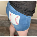These baseball pocket jean shorts are the PERFECT mid-rise midi-length for mom of a little leaguer and to wear big