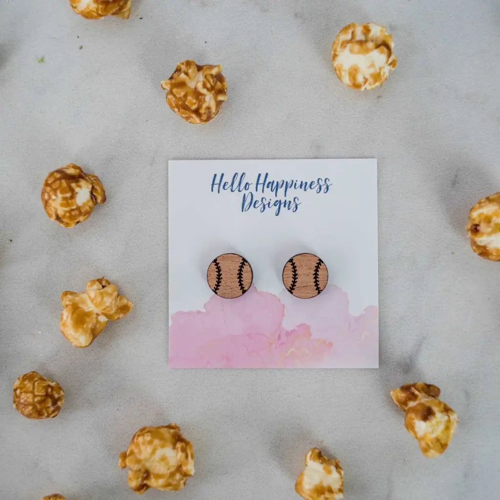 Hand drawn laser cut and engraved baseball/softball wood studs. Great for sensitive ears! 14mm Material: Sapele