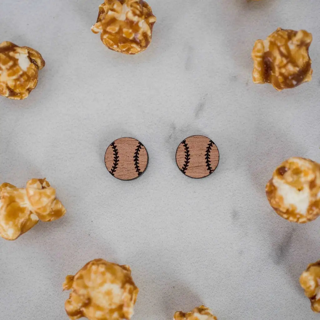Hand drawn laser cut and engraved baseball/softball wood studs. Great for sensitive ears! 14mm Material: Sapele