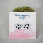 Hand drawn laser cut and engraved soccer acrylic heart studs. Great for sensitive ears! 13mm x 14mm Material: Specialty