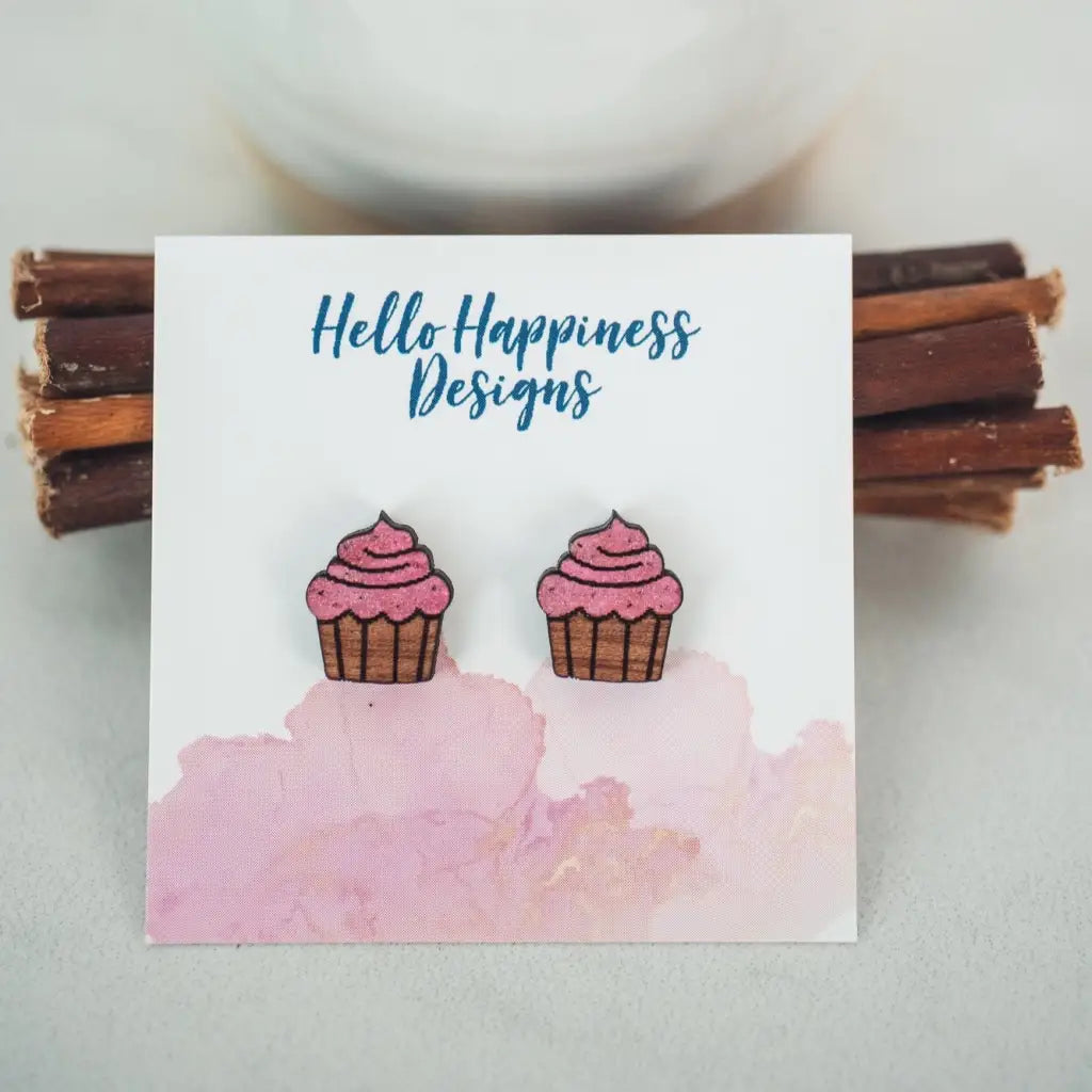 Hand drawn laser cut engraved and hand painted cupcake wood studs earrings Great for sensitive ears 15mm length 13mm