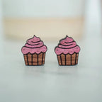 Hand drawn laser cut engraved and hand painted cupcake wood studs earrings Great for sensitive ears 15mm length 13mm