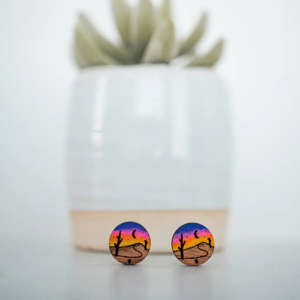 Hand drawn laser cut and engraved desert scene wood studs. painted. Great for sensitive ears! 15mmMaterial: