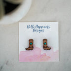 Hand drawn laser cut and engraved cowboy boot wood studs painted Great for sensitive ears 18mm length 13mm width