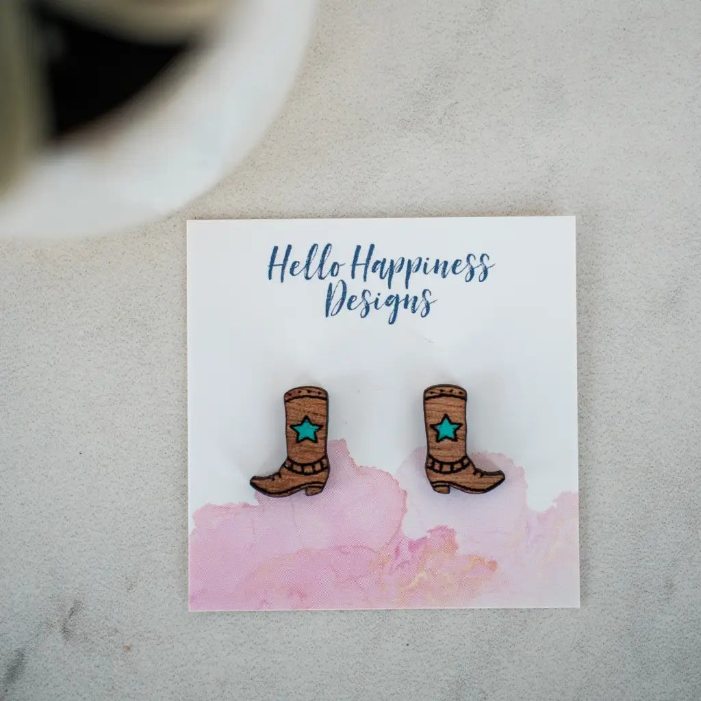 Hand drawn laser cut and engraved cowboy boot wood studs painted Great for sensitive ears 18mm length 13mm width