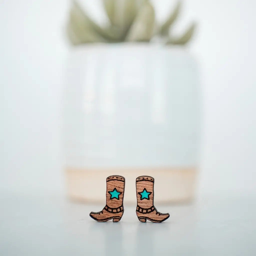 Hand drawn laser cut and engraved cowboy boot wood studs painted Great for sensitive ears 18mm length 13mm width